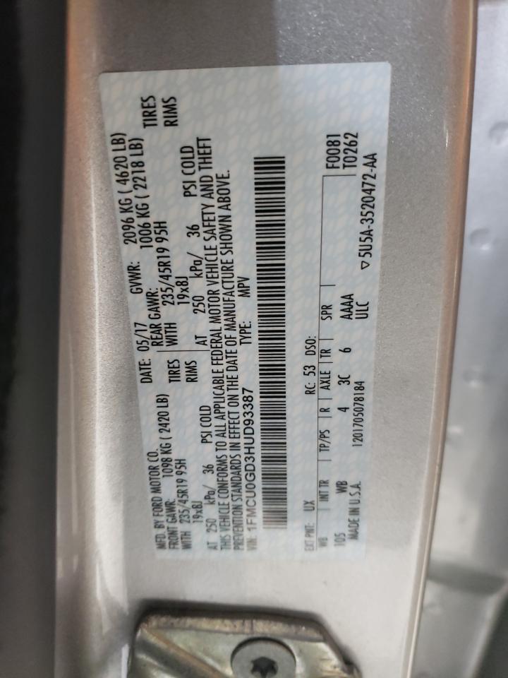 2017 Ford Escape VIN 1FMCU0GD3HUD93387 Copart auction photo, rollover damage thumbnail 14
