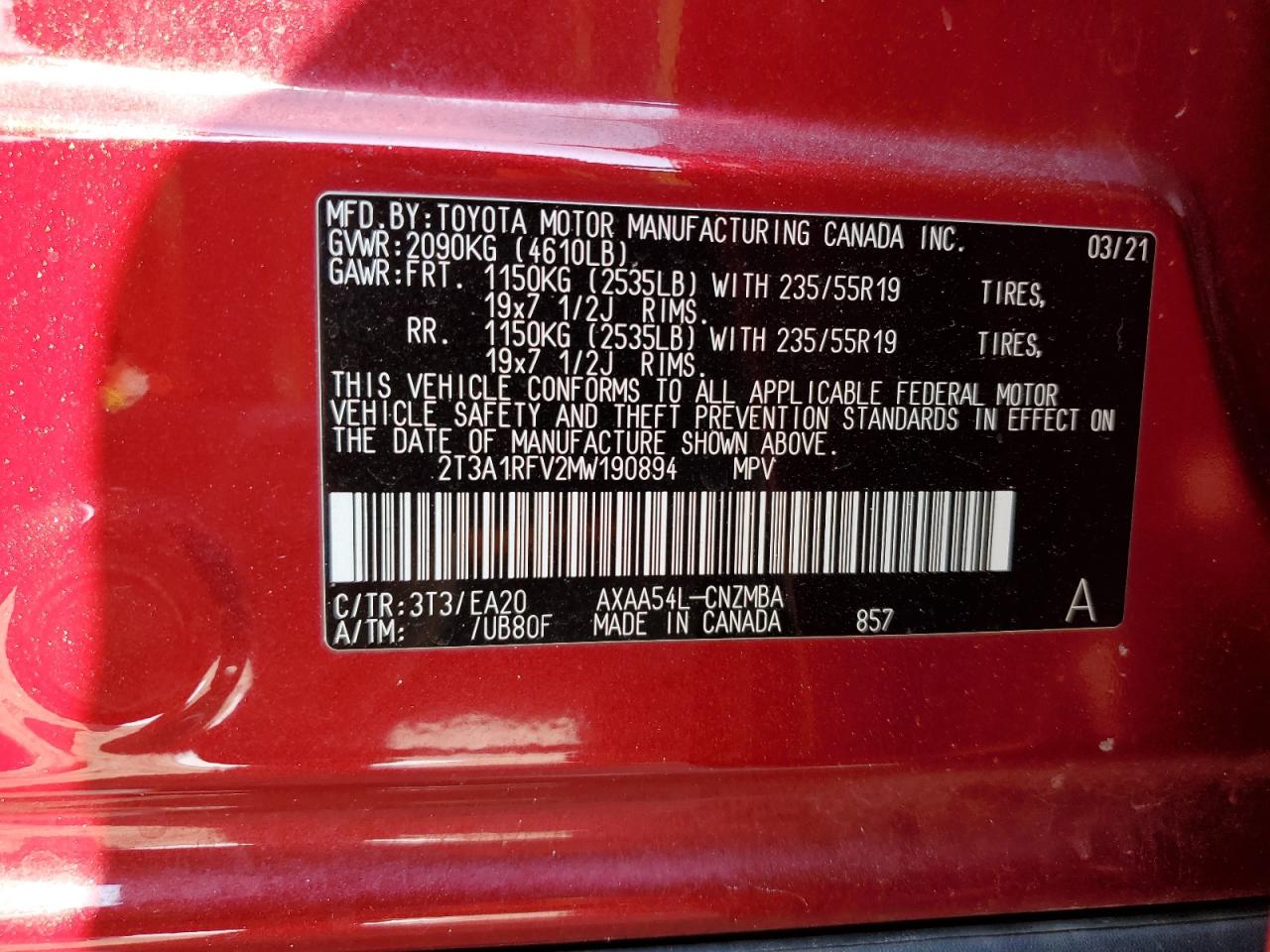 2021 Toyota RAV 4 VIN 2T3A1RFV2MW190894 Copart auction photo, rear end / front end damage thumbnail 14