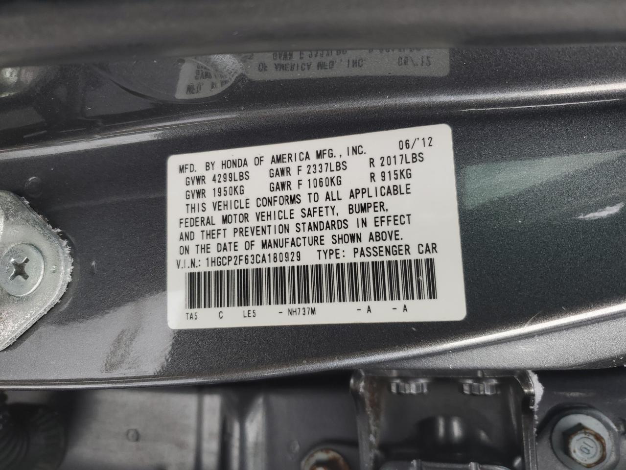2012 Honda Accord VIN 1HGCP2F63CA180929 Copart auction photo, front end damage thumbnail 15