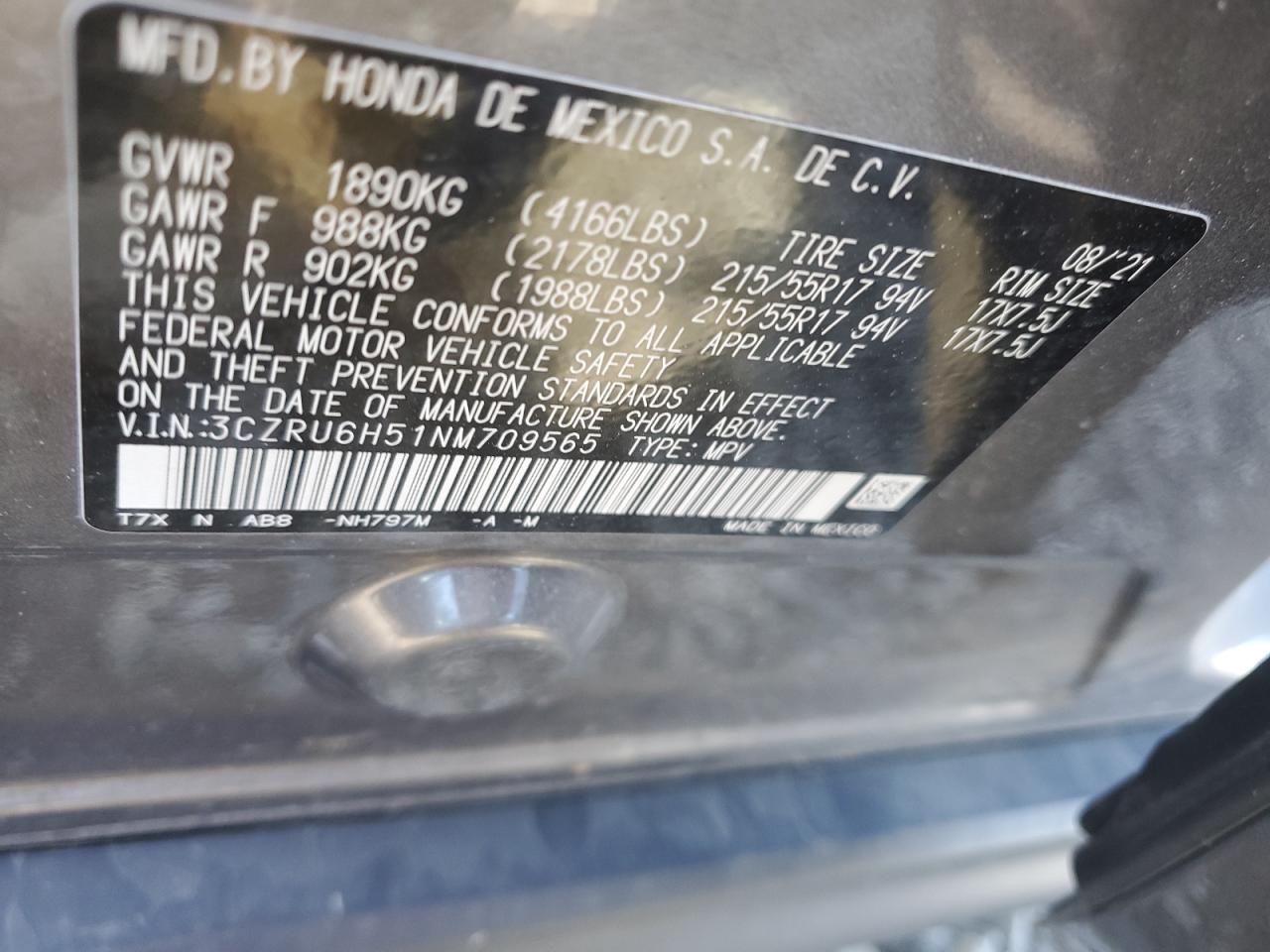 2022 Honda HR-V VIN 3CZRU6H51NM709565 Copart auction photo, front end / side damage thumbnail 13