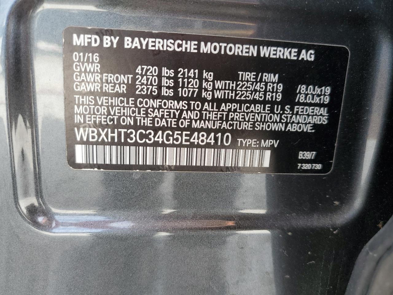 2016 BMW X1 VIN WBXHT3C34G5E48410 Copart auction photo, water/flood damage thumbnail 15