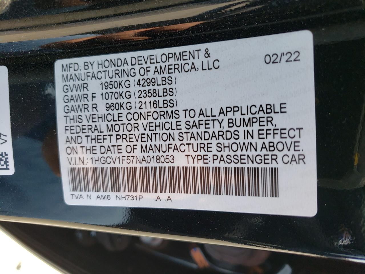 2022 Honda Accord VIN 1HGCV1F57NA018053 Copart auction photo, front end damage thumbnail 13
