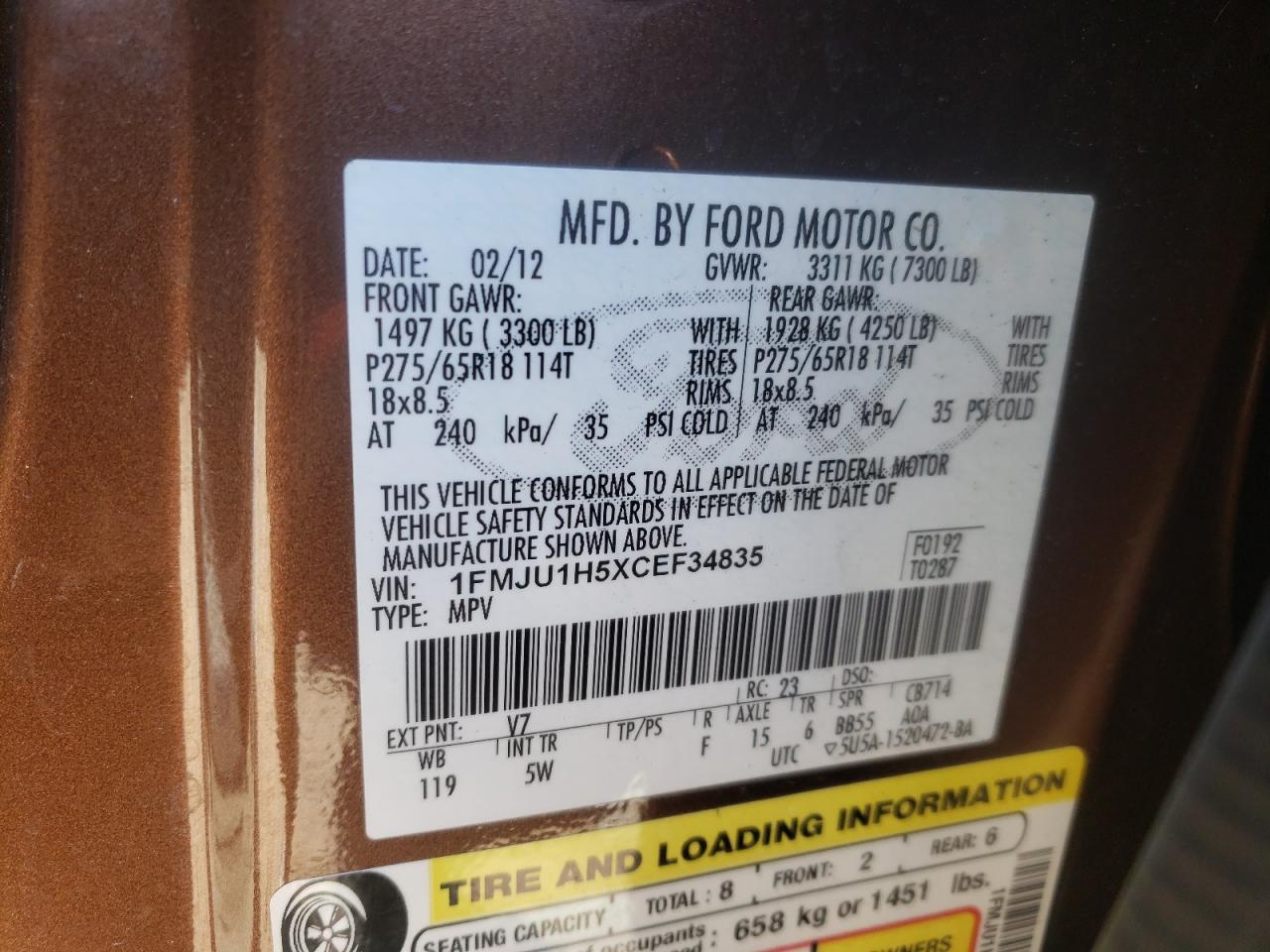 2012 Ford Expedition VIN 1FMJU1H5XCEF34835 Copart auction photo, side / front end damage thumbnail 10
