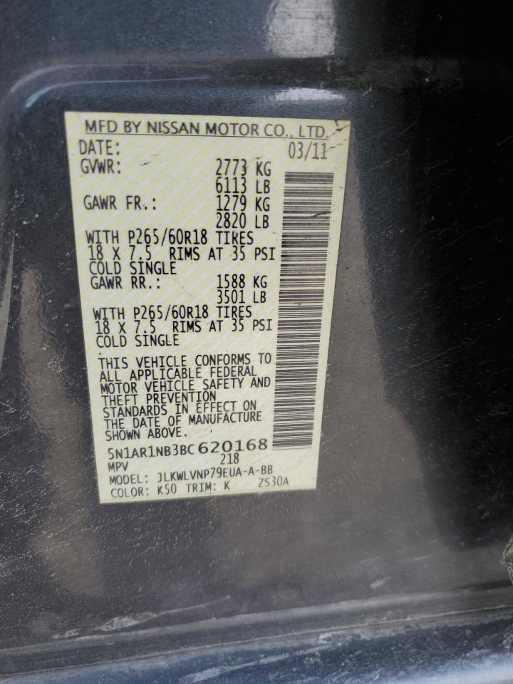 2011 Nissan Pathfinder VIN 5N1AR1NB3BC620168 Copart auction photo, top/roof / front end damage thumbnail 14