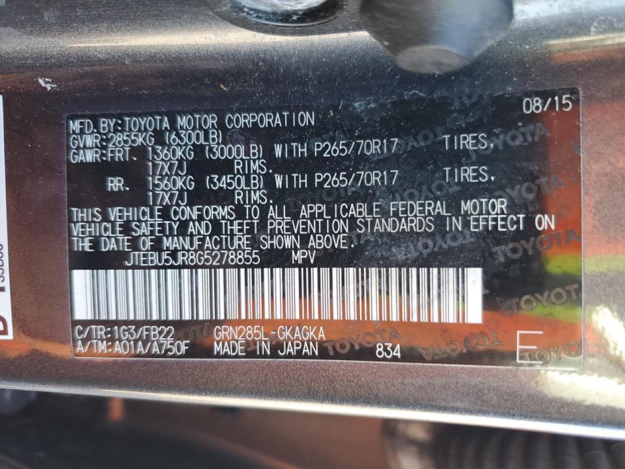 2016 Toyota 4Runner VIN JTEBU5JR8G5278855 Copart auction photo, front end / rear end damage thumbnail 13