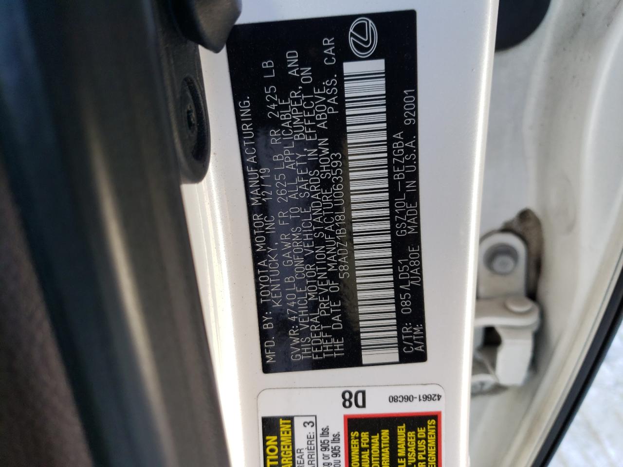 2020 Lexus ES VIN 58ADZ1B18LU063593 Copart auction photo, front end damage thumbnail 13