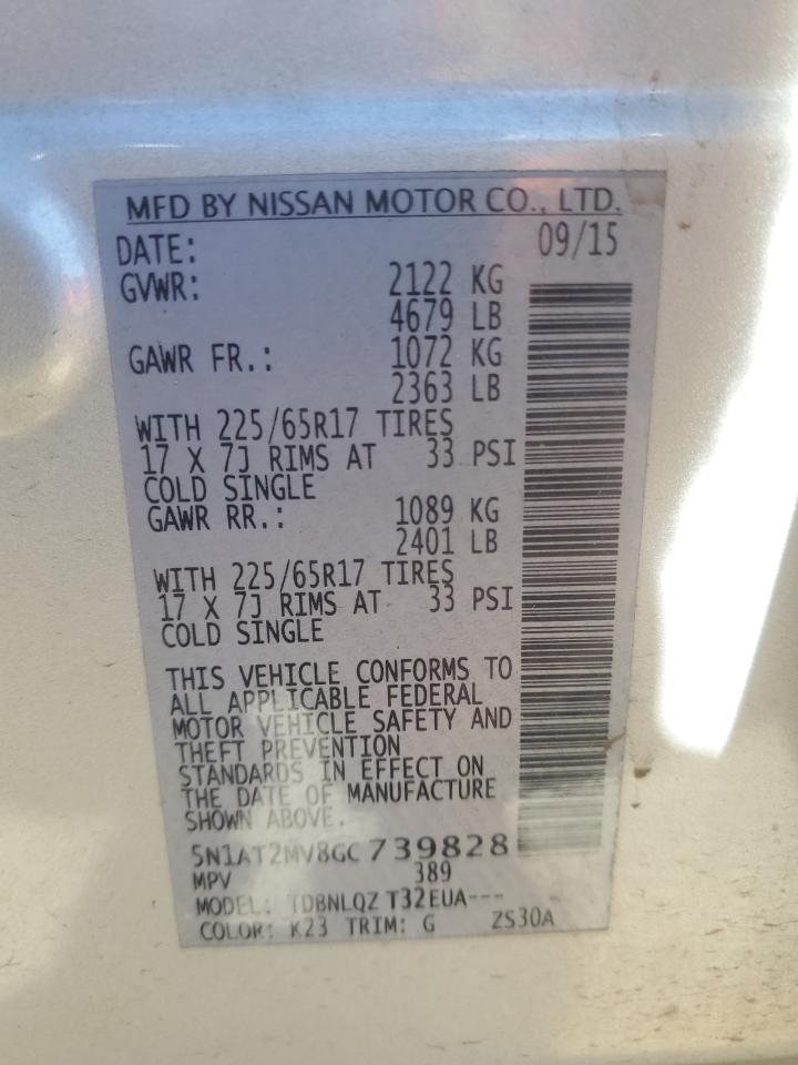 2016 Nissan Rogue VIN 5N1AT2MV8GC739828 Copart auction photo, rear end / all over damage thumbnail 13