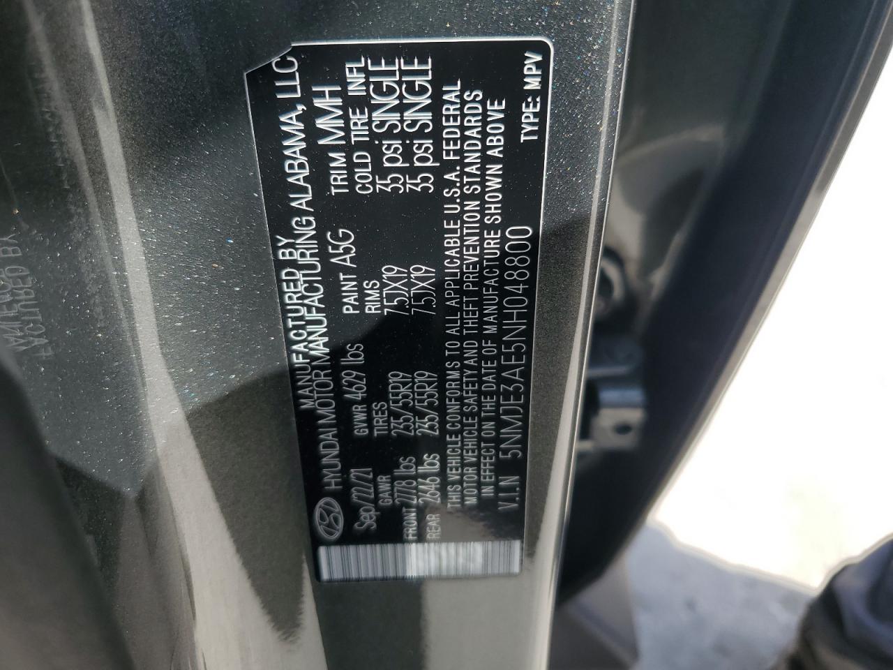 2022 Hyundai Tucson VIN 5NMJE3AE5NH048800 Copart auction photo, front end / side damage thumbnail 13