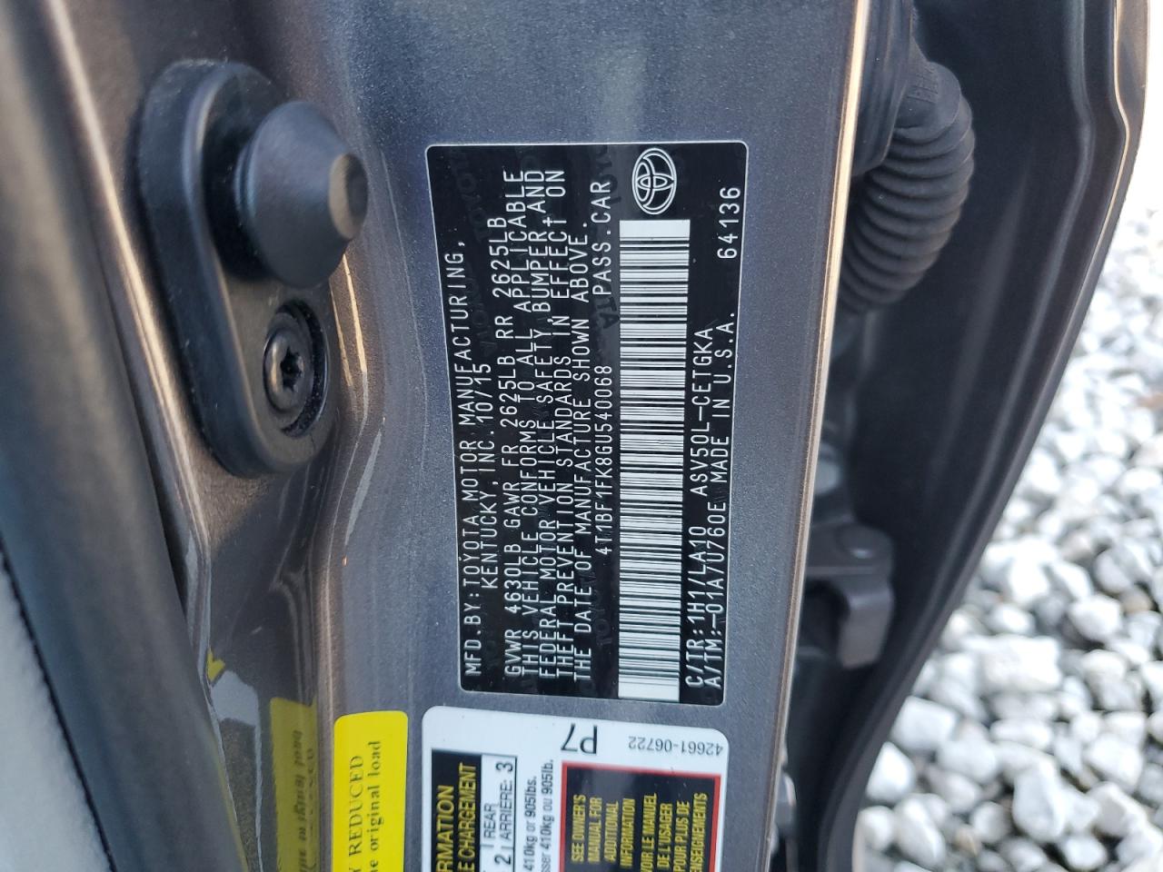 2016 Toyota Camry VIN 4T1BF1FK8GU540068 Copart auction photo, side damage thumbnail 12