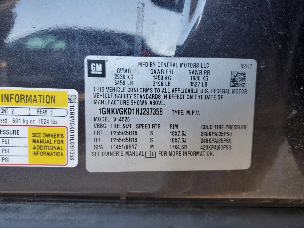 2017 Chevrolet Traverse VIN 1GNKVGKD1HJ297358 Copart auction photo, front end / minor dent/scratches damage thumbnail 15
