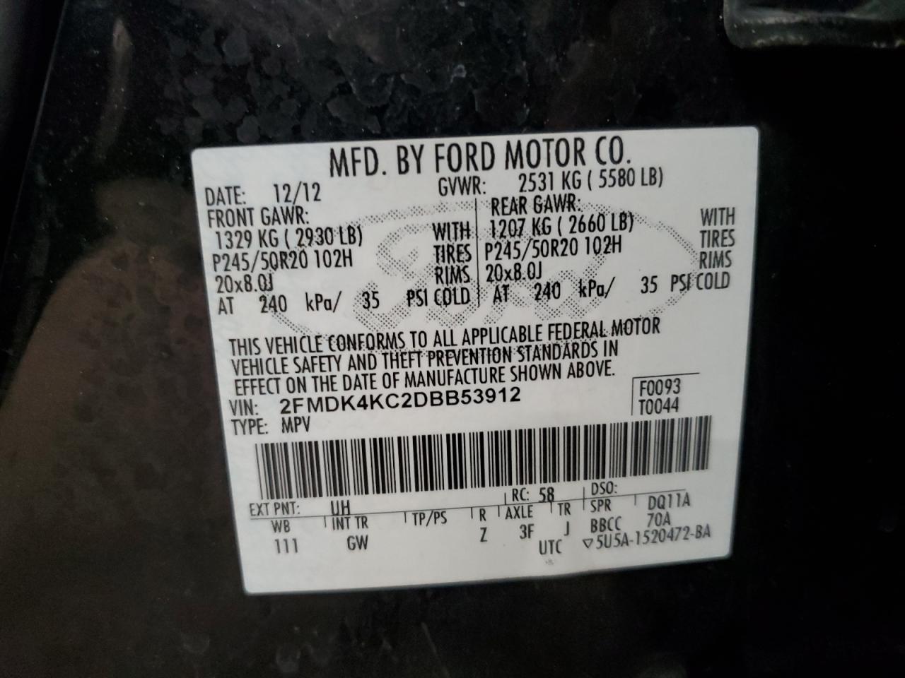 2013 Ford Edge VIN 2FMDK4KC2DBB53912 Copart auction photo, front end damage thumbnail 14