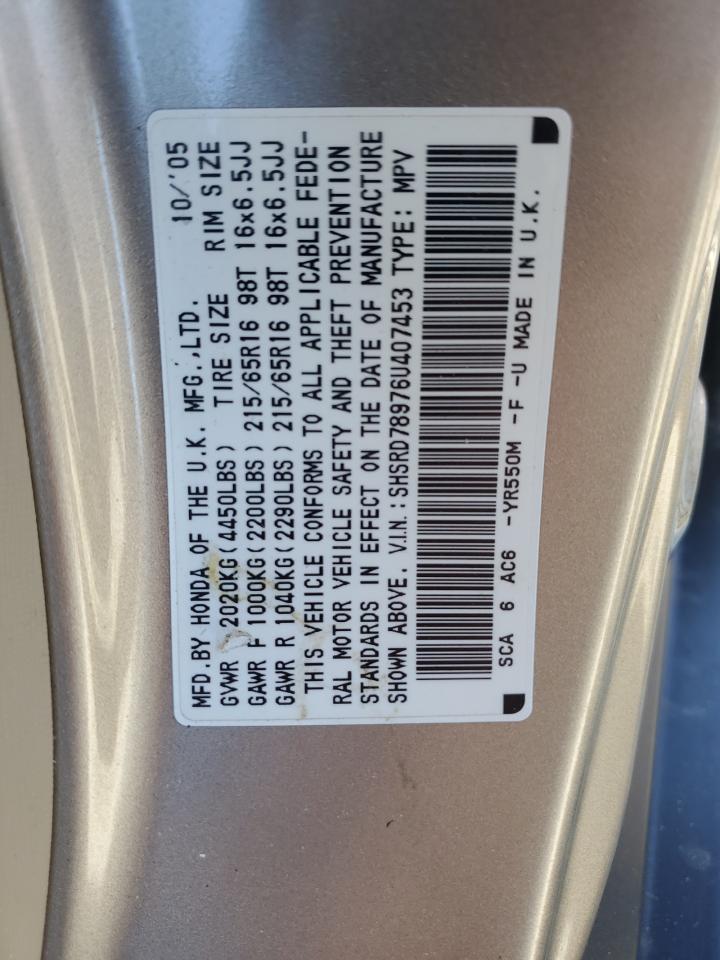 2006 Honda CR-V VIN SHSRD78976U407453 Copart auction photo, front end / side damage thumbnail 13