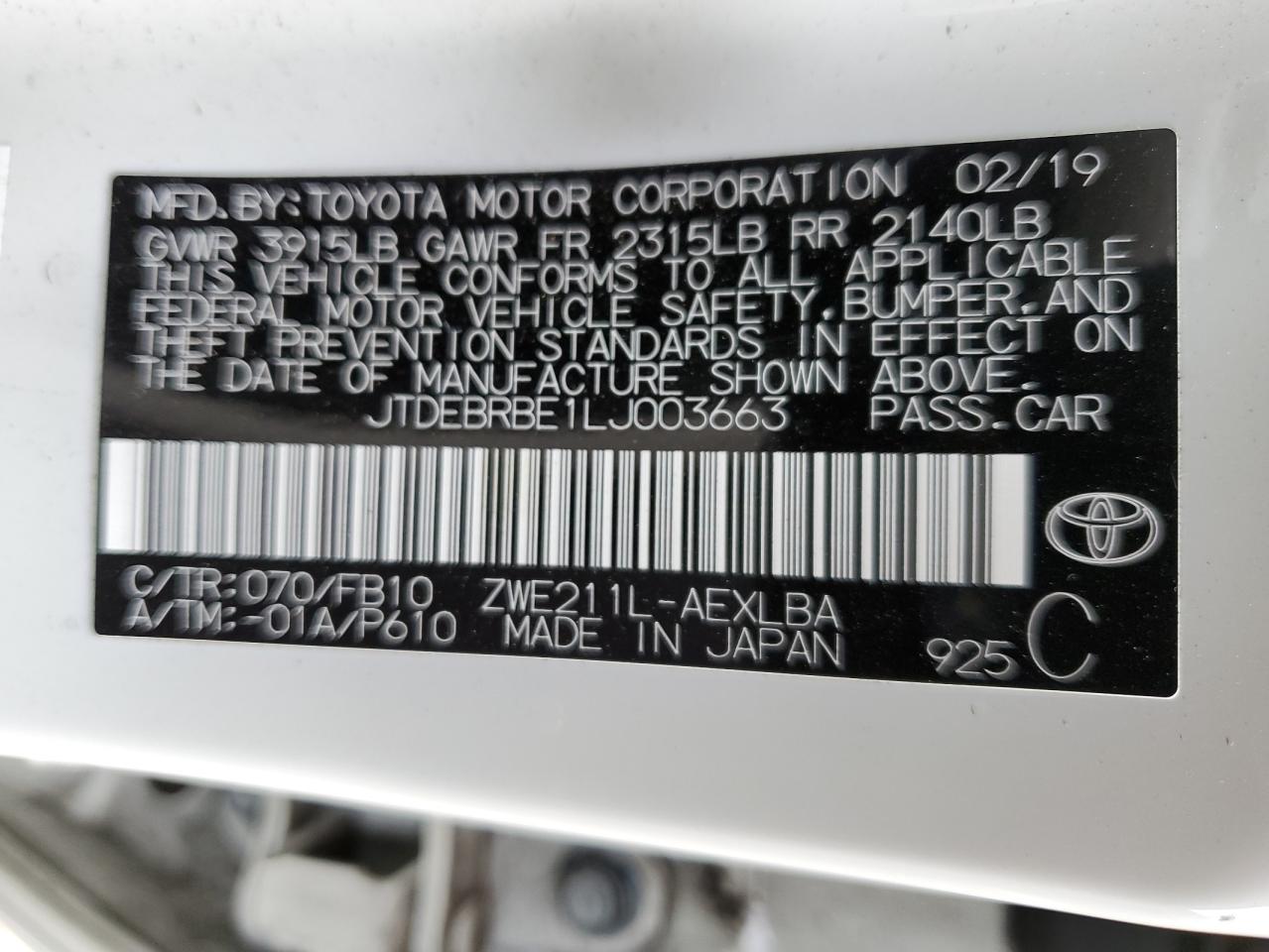 2020 Toyota Corolla VIN JTDEBRBE1LJ003663 Copart auction photo, front end / side damage thumbnail 15