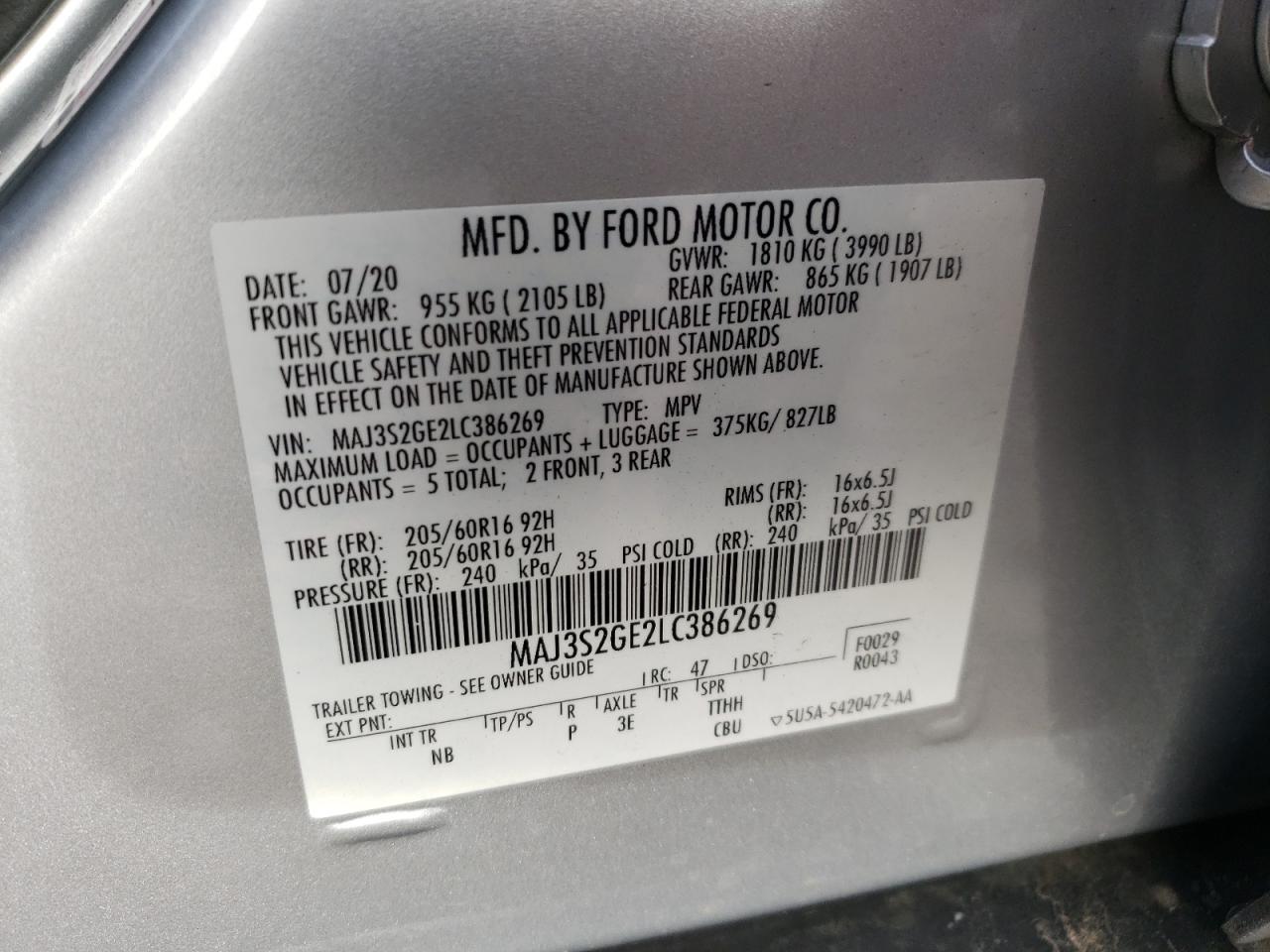 2020 Ford EcoSport VIN MAJ3S2GE2LC386269 Copart auction photo, front end / side damage thumbnail 15