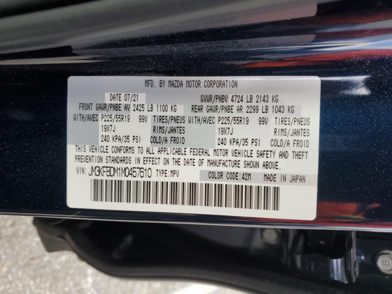 2021 Mazda CX-5 VIN JM3KFBDM1M0457610 Copart auction photo, side damage thumbnail 14