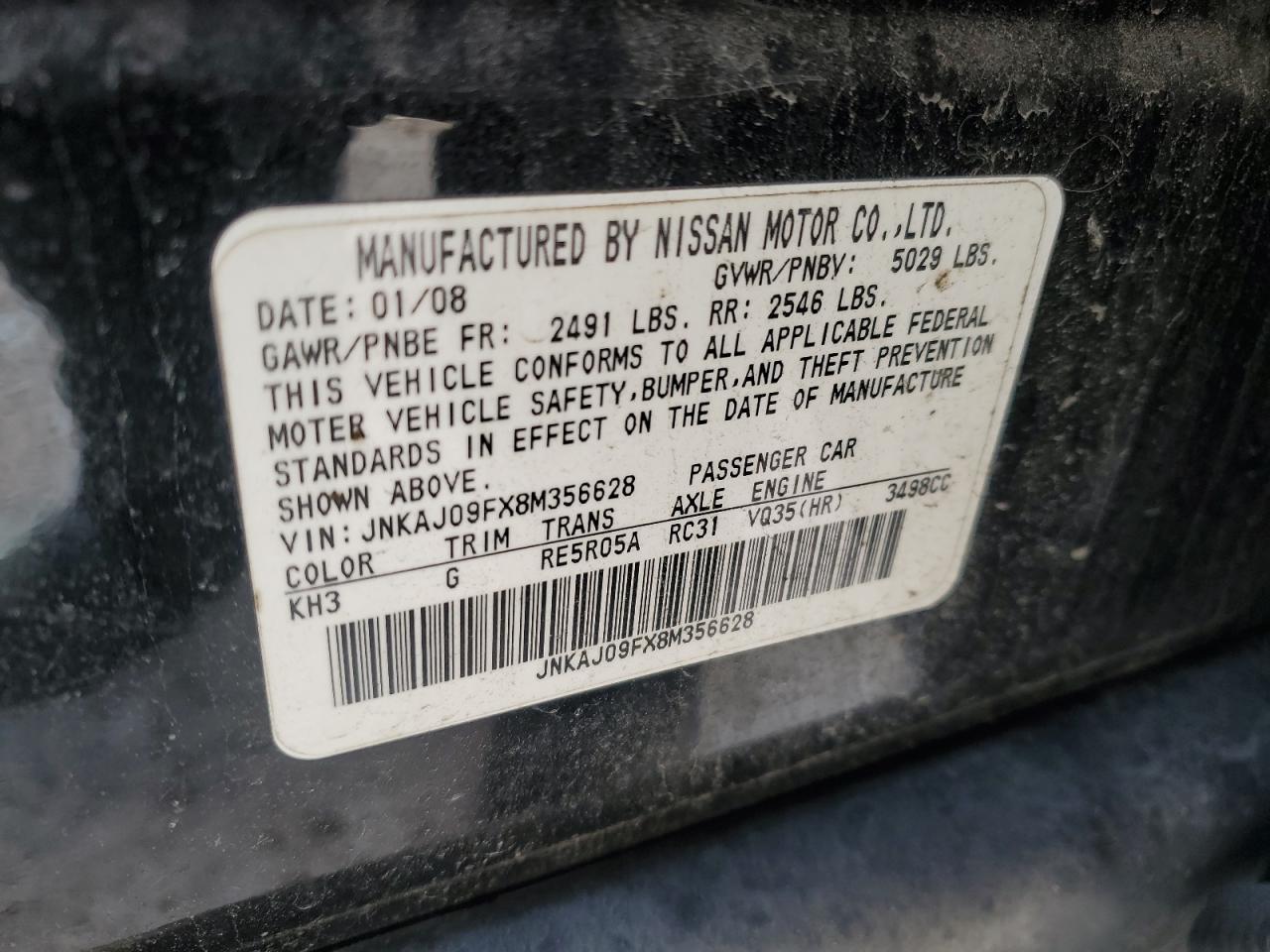 2008 Infiniti EX VIN JNKAJ09FX8M356628 Copart auction photo, side damage thumbnail 13