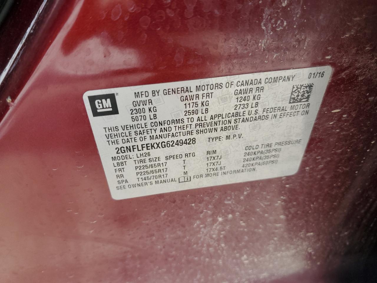 2016 Chevrolet Equinox VIN 2GNFLFEKXG6249428 Copart auction photo, rear end damage thumbnail 14