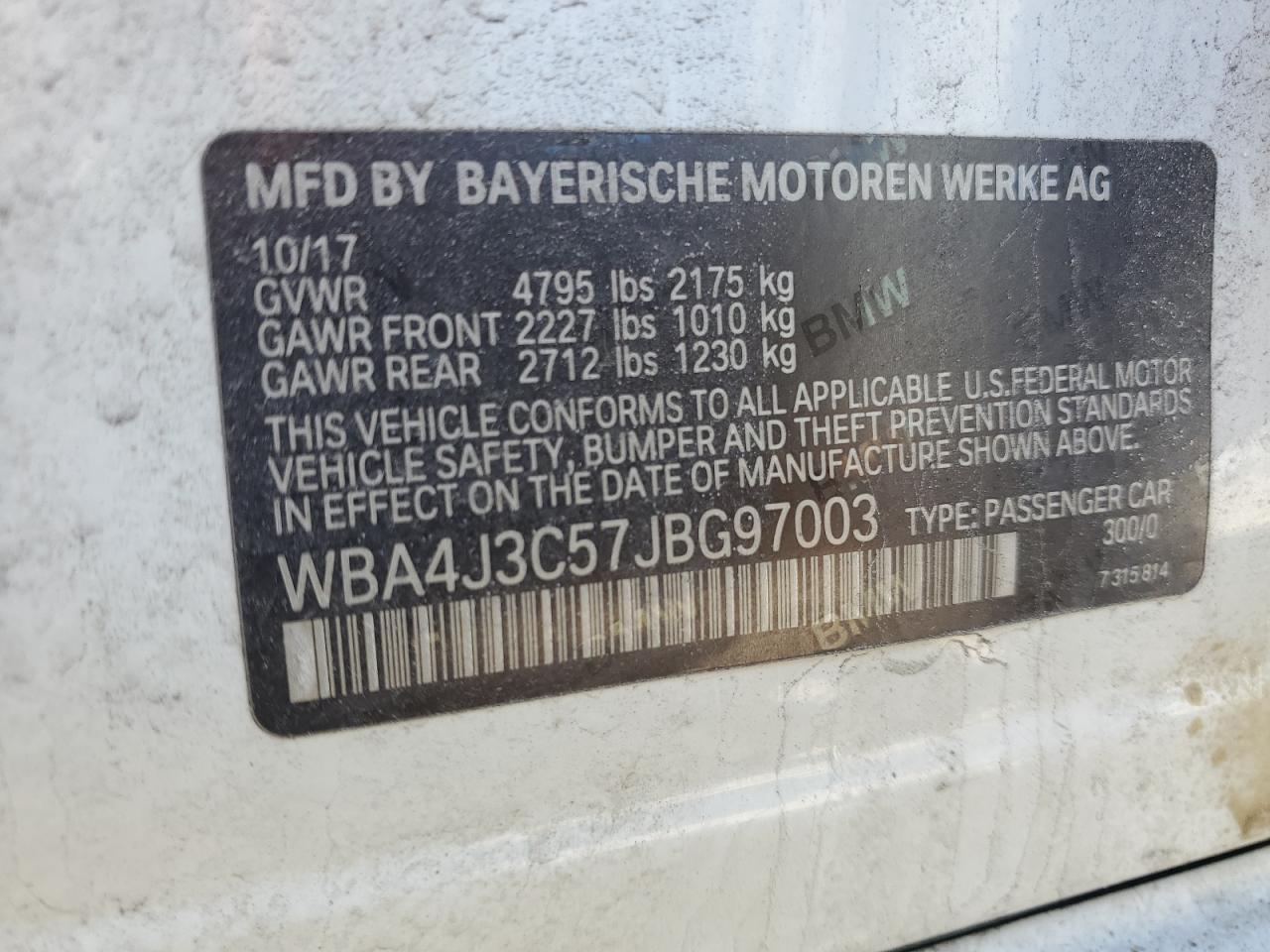 2018 BMW 4er VIN WBA4J3C57JBG97003 Copart auction photo, front end damage thumbnail 14