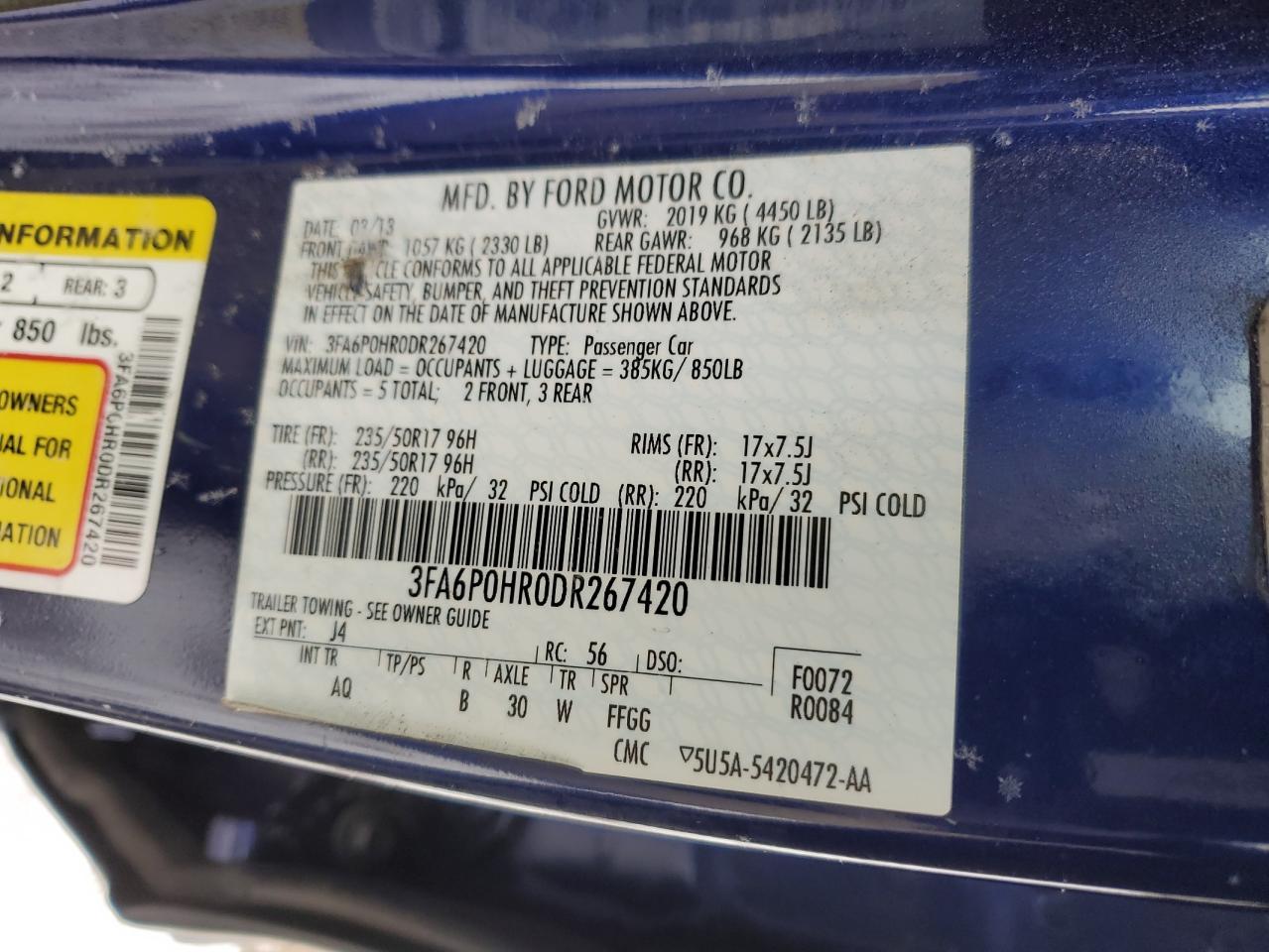 2013 Ford Fusion VIN 3FA6P0HR0DR267420 Copart auction photo, burn damage thumbnail 12