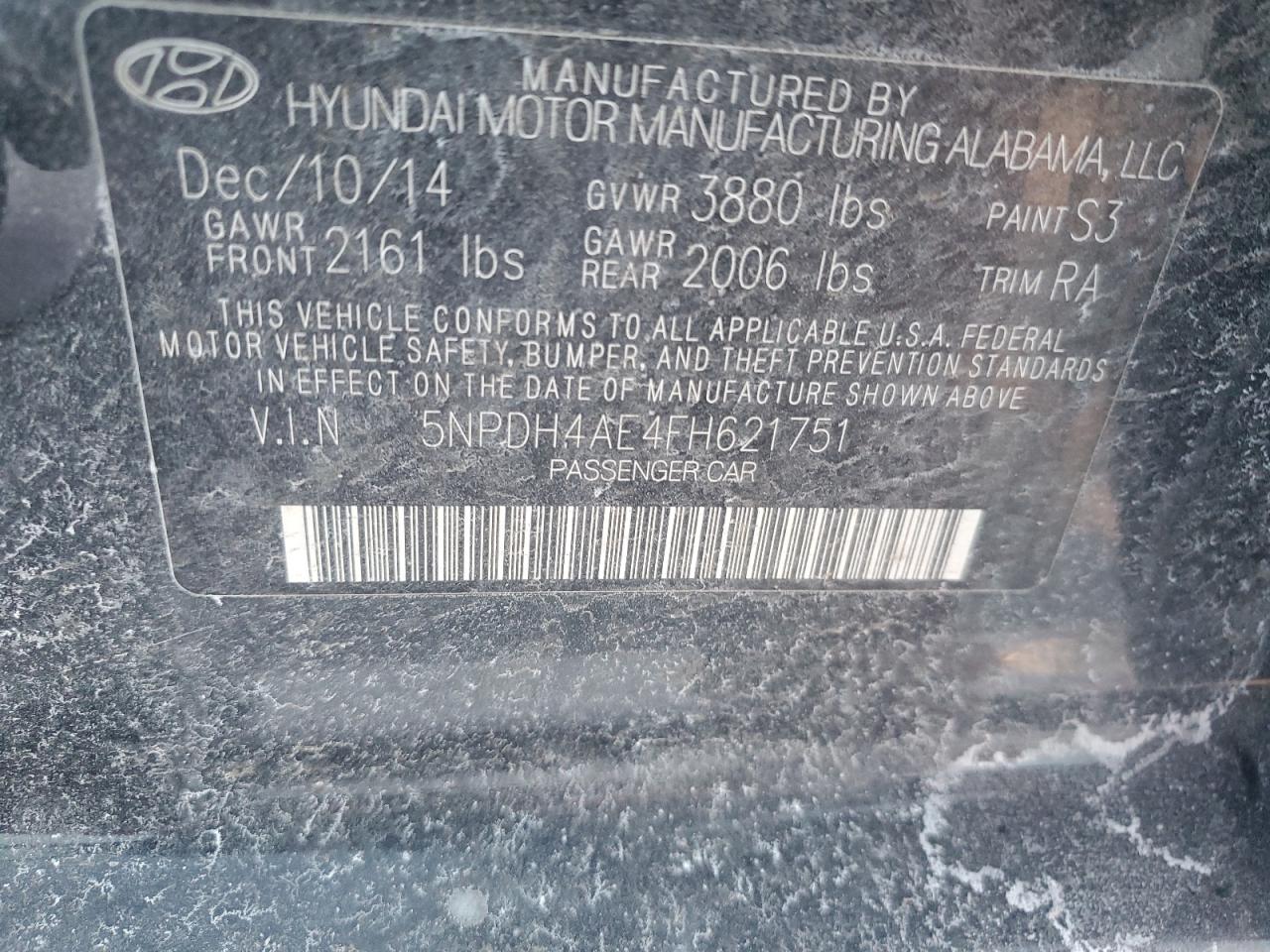2015 Hyundai Elantra VIN 5NPDH4AE4FH621751 Copart auction photo, front end damage thumbnail 12