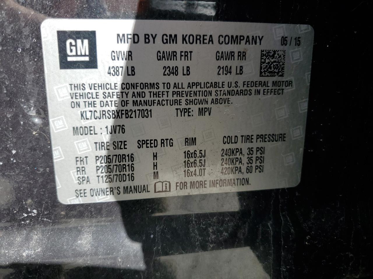 2015 Chevrolet Trax VIN KL7CJRSBXFB217031 Copart auction photo, front end damage thumbnail 15