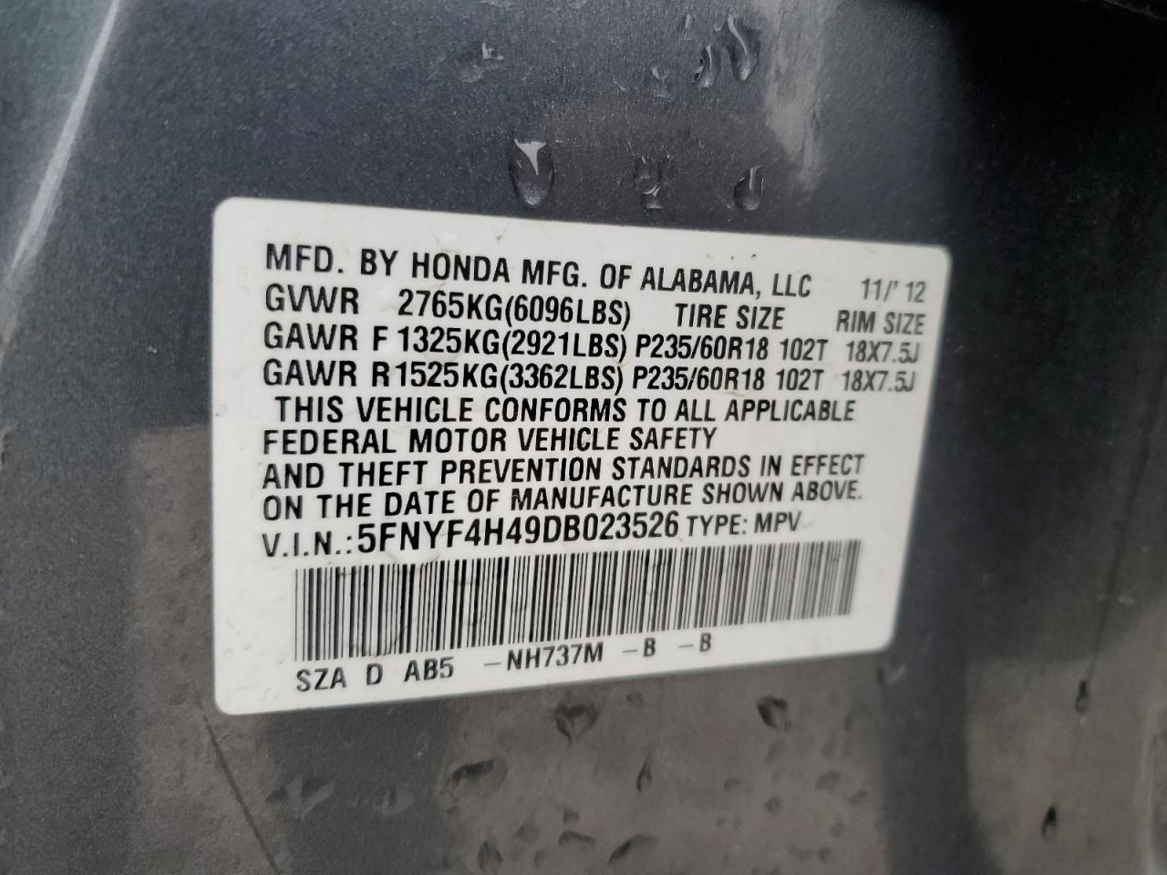 2013 Honda Pilot VIN 5FNYF4H49DB023526 Copart auction photo, front end / minor dent/scratches damage thumbnail 15