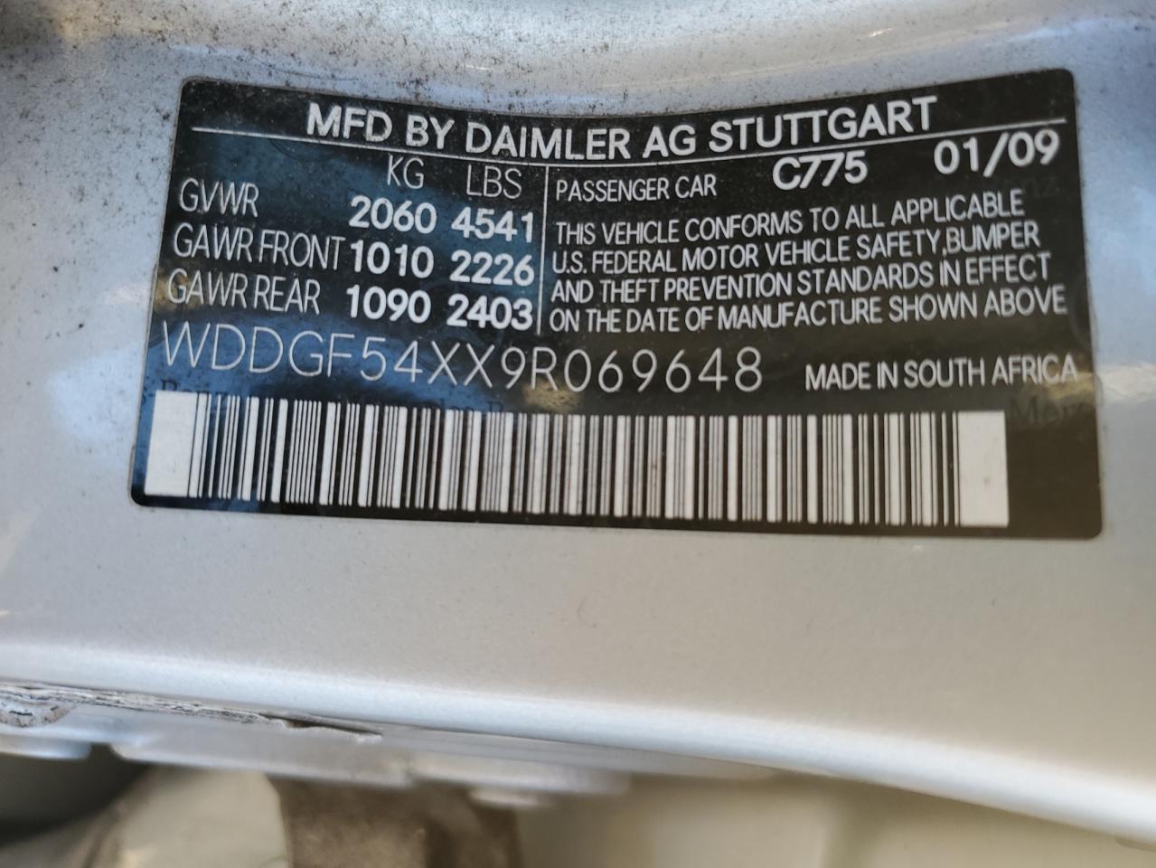 2009 Mercedes-Benz C-klasse VIN WDDGF54XX9R069648 Copart auction photo, side / front end damage thumbnail 12