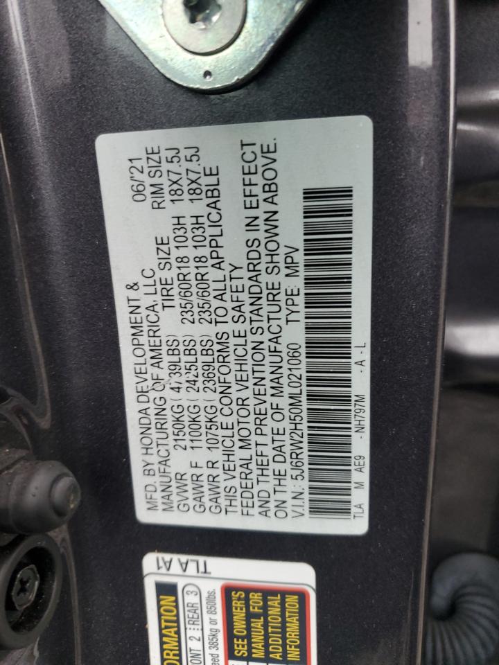 2021 Honda CR-V VIN 5J6RW2H50ML021060 Copart auction photo, rear end / side damage thumbnail 13