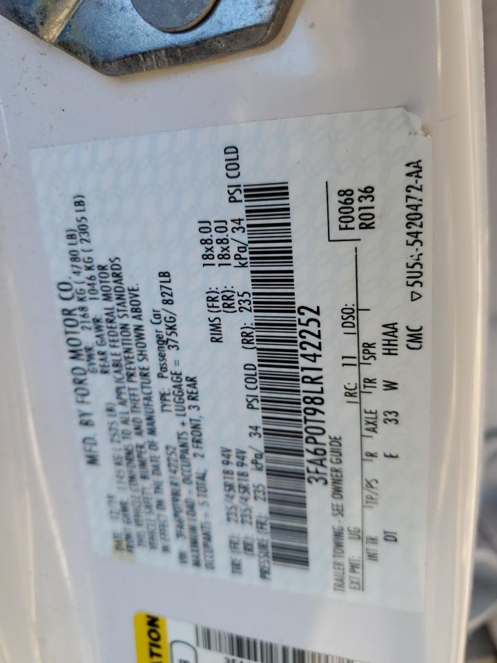 2020 Ford Fusion VIN 3FA6P0T98LR142252 Copart auction photo, rear end / minor dent/scratches damage thumbnail 12