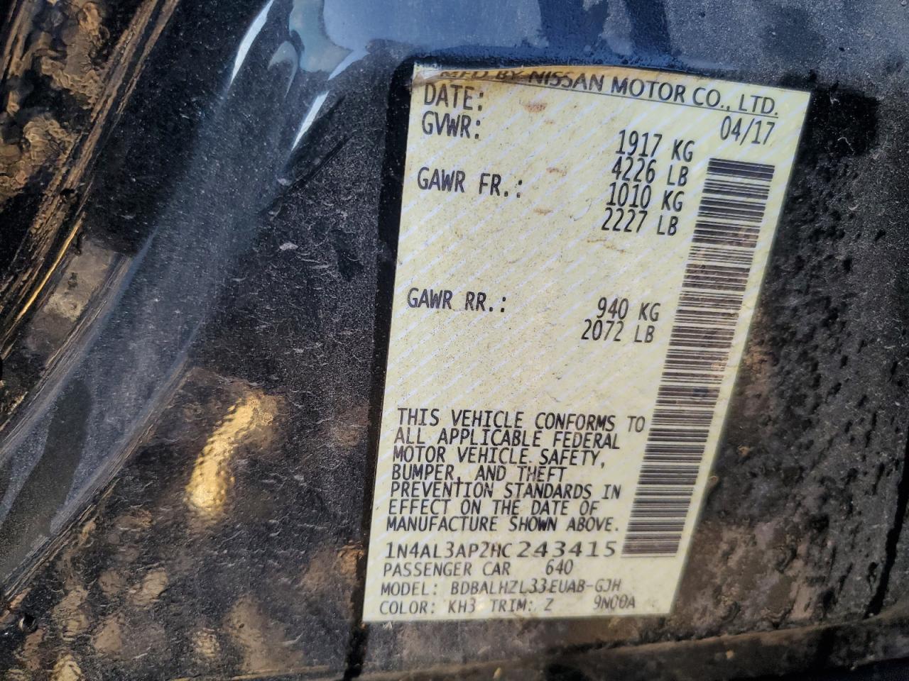 2017 Nissan Altima VIN 1N4AL3AP2HC243415 Copart auction photo, front end damage thumbnail 12