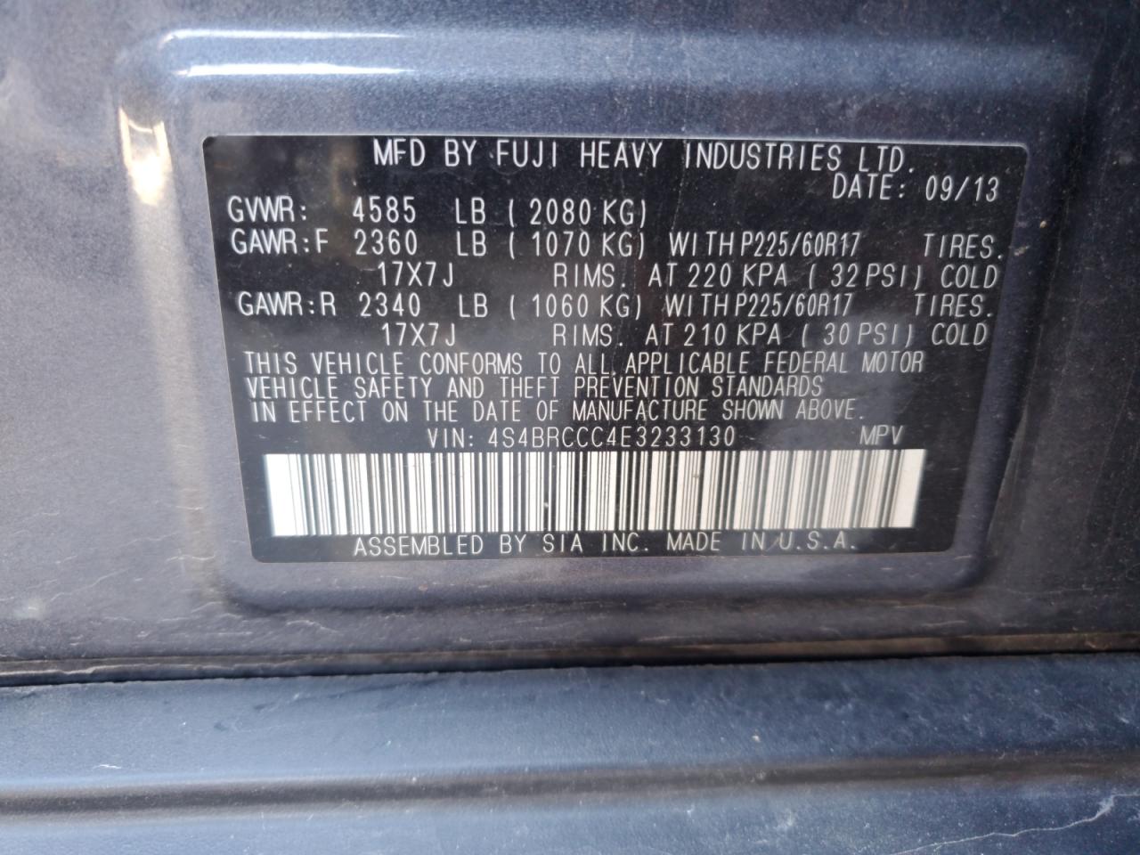 2014 Subaru Outback VIN 4S4BRCCC4E3233130 Copart auction photo, front end damage thumbnail 14