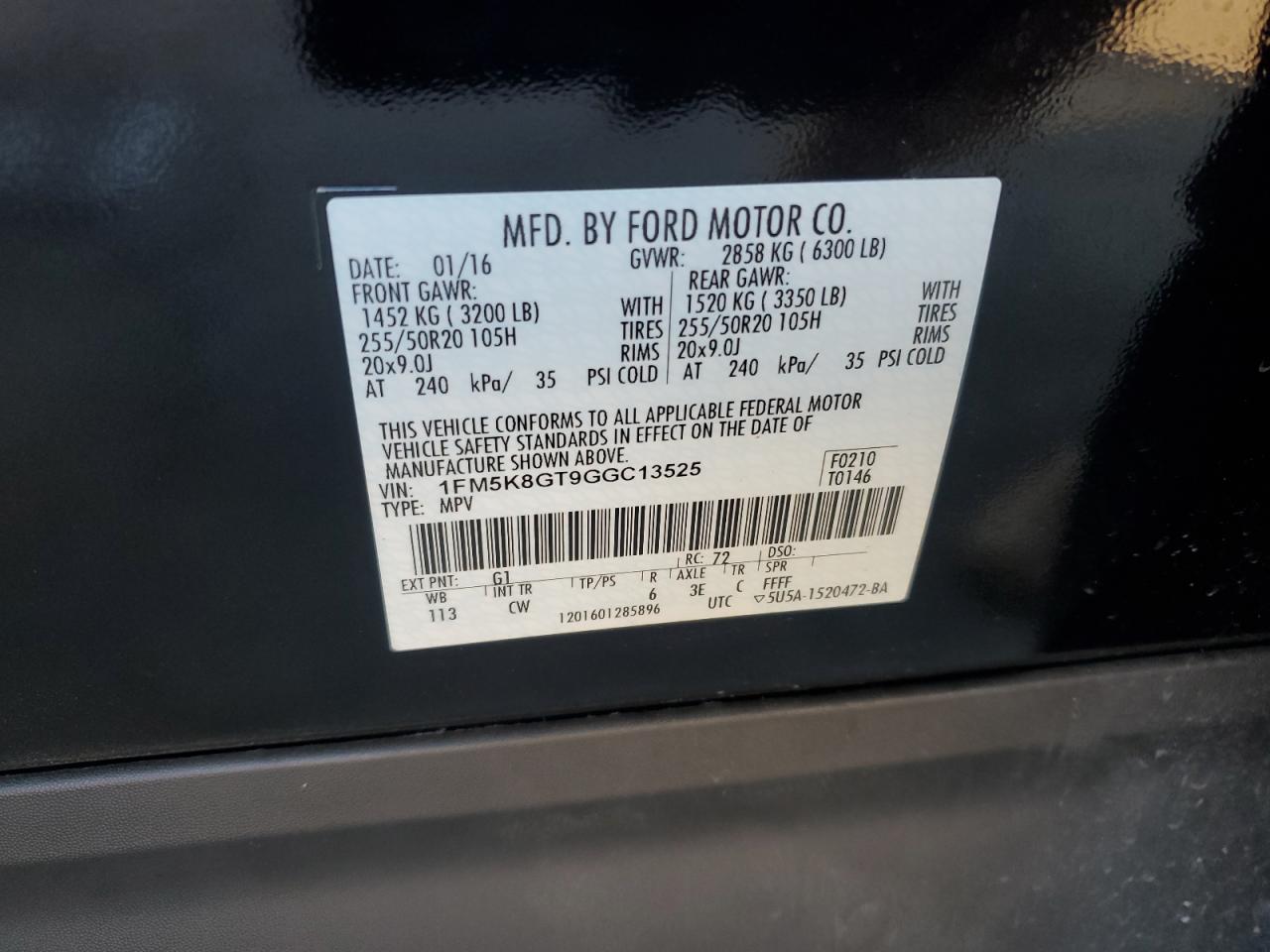 2016 Ford Explorer VIN 1FM5K8GT9GGC13525 Copart auction photo, front end / rear end damage thumbnail 15