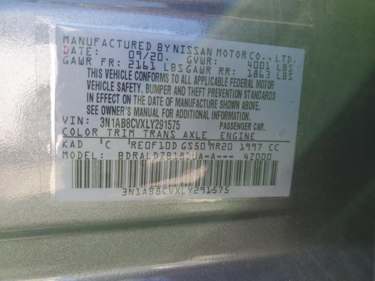 2020 Nissan Sentra VIN 3N1AB8CVXLY291575 Copart auction photo, front end damage thumbnail 12
