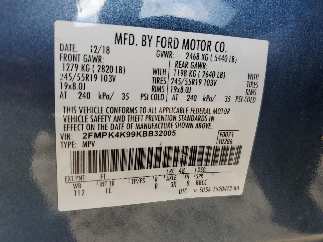 2019 Ford Edge VIN 2FMPK4K99KBB32005 Copart auction photo, all over damage thumbnail 16