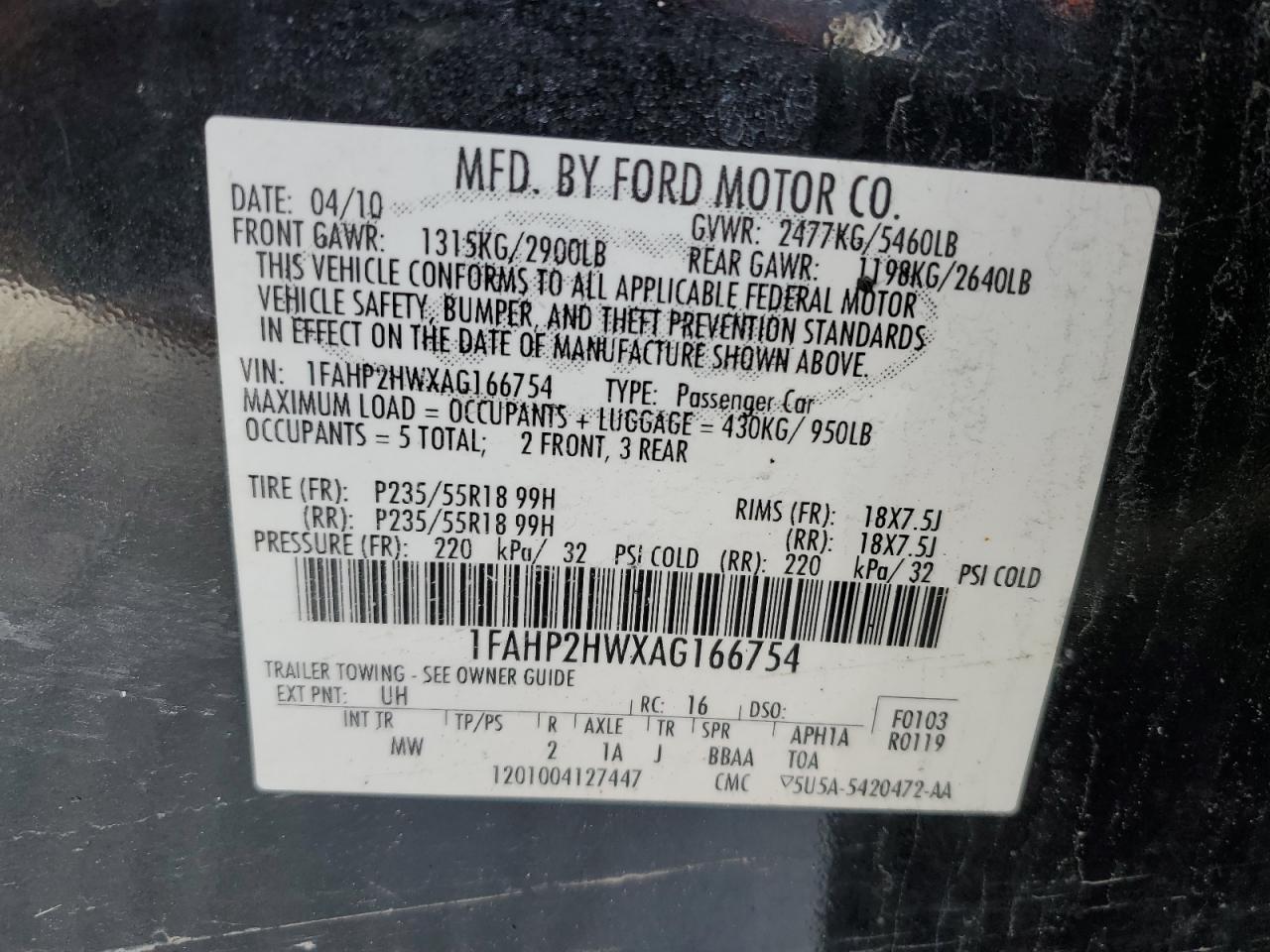 2010 Ford Taurus VIN 1FAHP2HWXAG166754 Copart auction photo, rear end / front end damage thumbnail 12