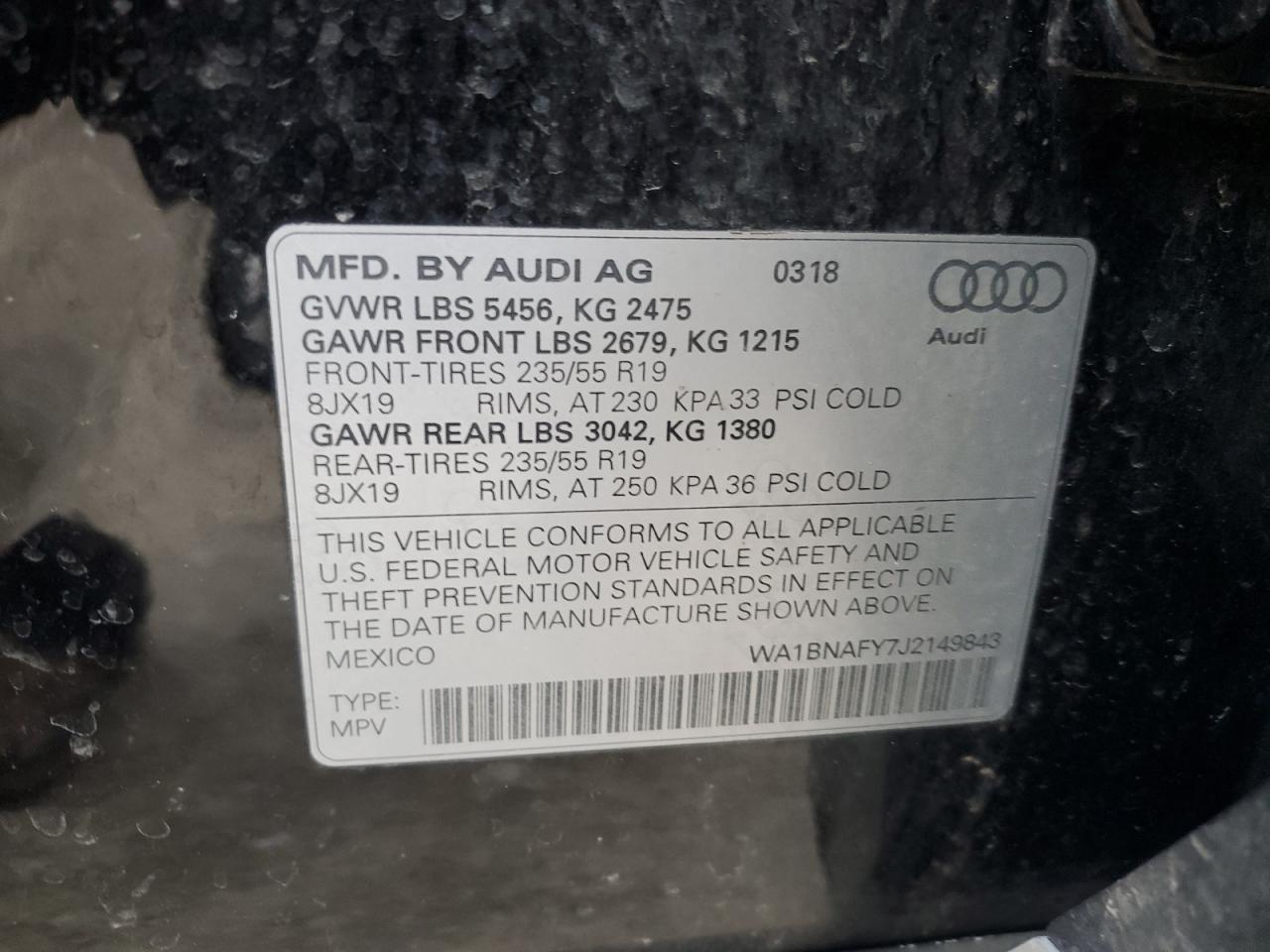 2018 Audi Q5 VIN WA1BNAFY7J2149843 Copart auction photo, rear end damage thumbnail 14