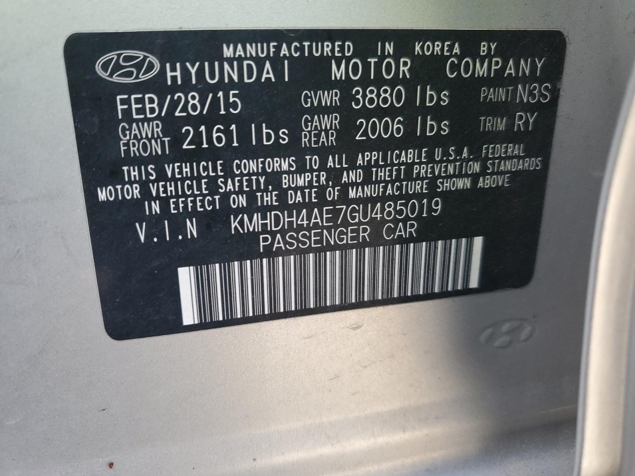 2016 Hyundai Elantra VIN KMHDH4AE7GU485019 Copart auction photo, front end damage thumbnail 12