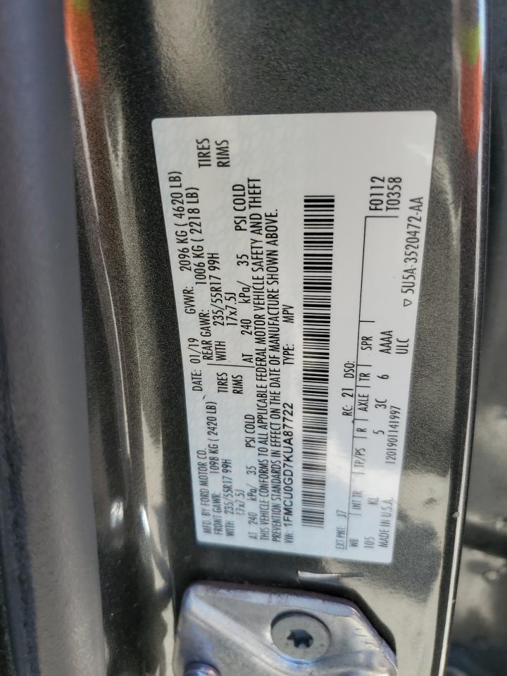 2019 Ford Escape VIN 1FMCU0GD7KUA87722 Copart auction photo, side damage thumbnail 14