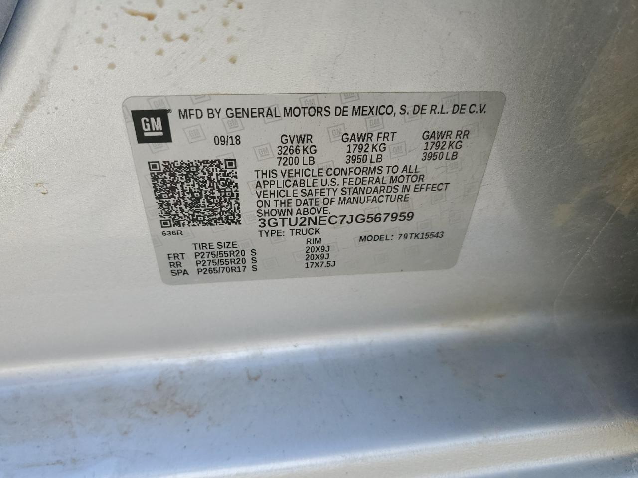2018 GMC Sierra VIN 3GTU2NEC7JG567959 Copart auction photo, front end / side damage thumbnail 13