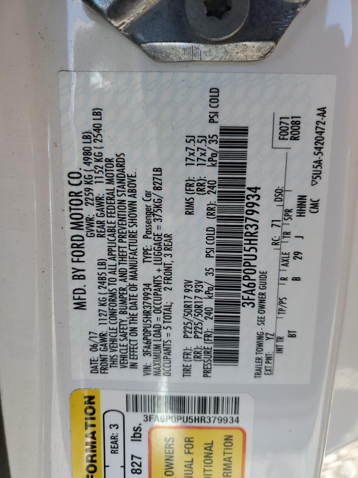2017 Ford Fusion VIN 3FA6P0PU5HR379934 Copart auction photo, front end damage thumbnail 13
