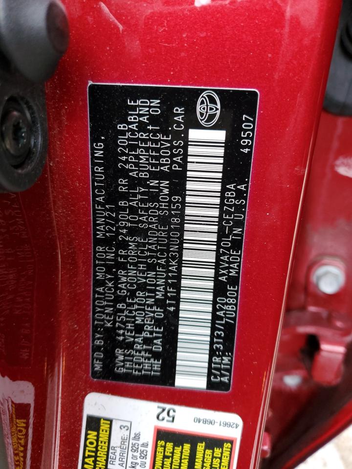 2022 Toyota Camry VIN 4T1F11AK3NU018159 Copart auction photo, rear end / side damage thumbnail 12