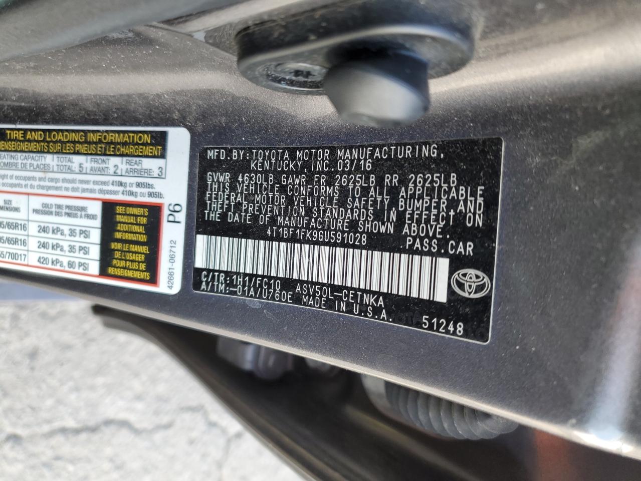 2016 Toyota Camry VIN 4T1BF1FK9GU591028 Copart auction photo, mechanical / normal wear damage thumbnail 12