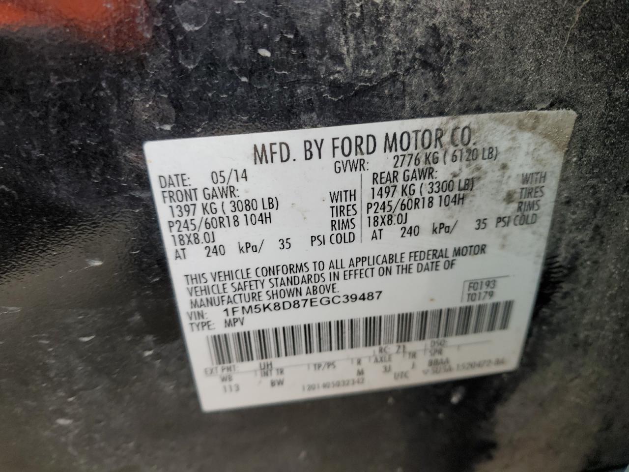 2014 Ford Explorer VIN 1FM5K8D87EGC39487 Copart auction photo, side damage thumbnail 15