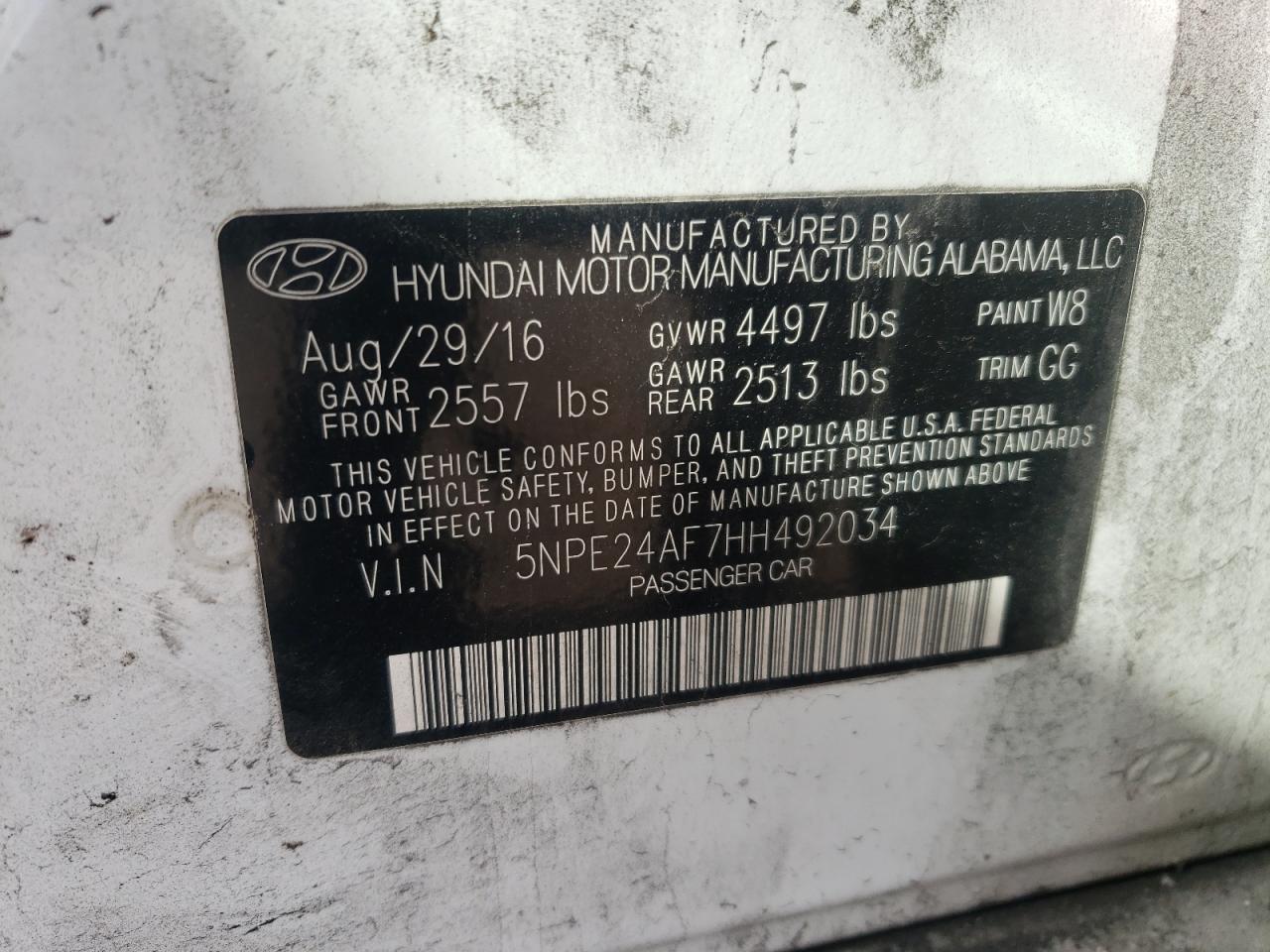 2017 Hyundai Sonata VIN 5NPE24AF7HH492034 Copart auction photo, side damage thumbnail 14