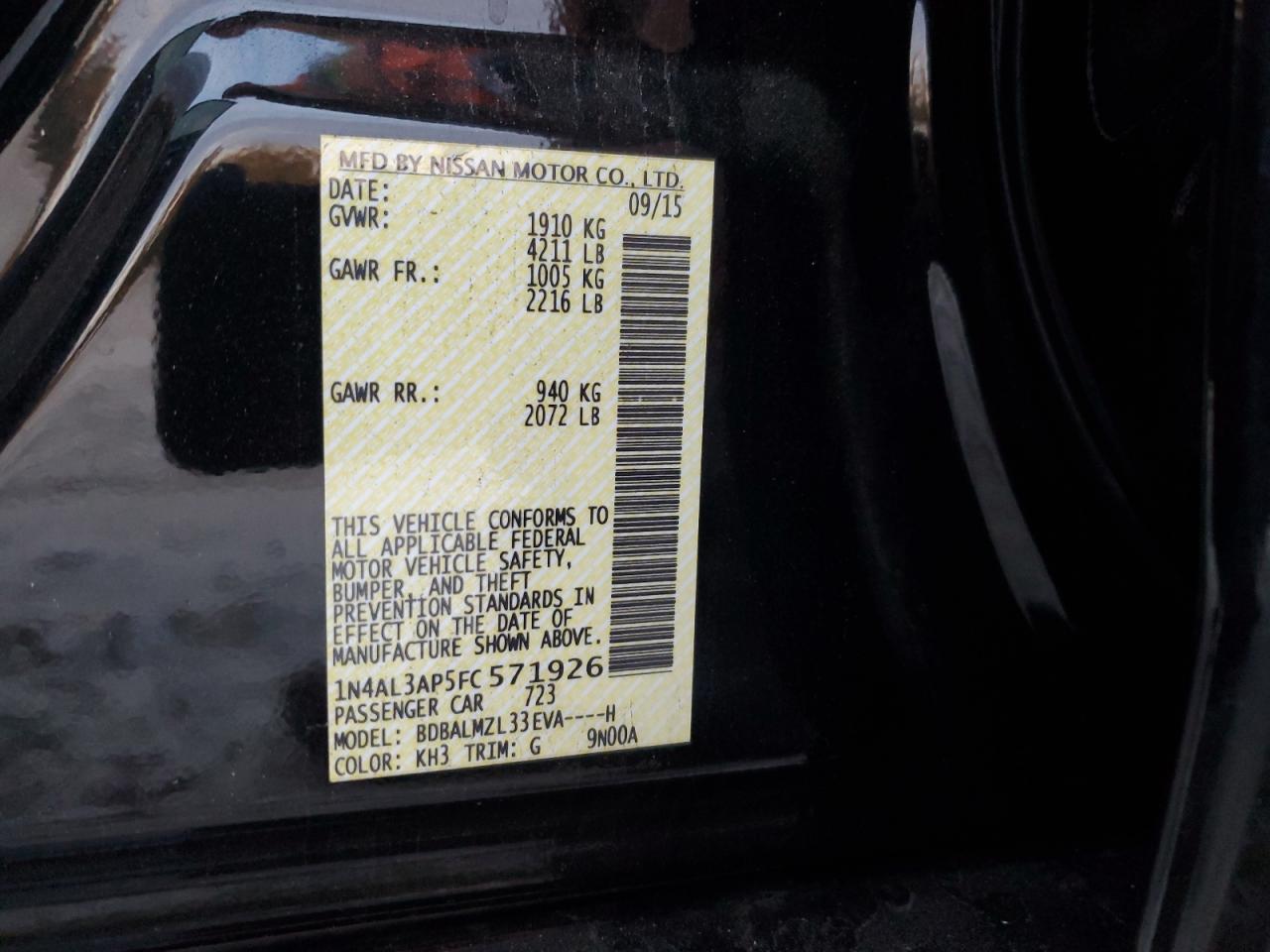 2015 Nissan Altima VIN 1N4AL3AP5FC571926 Copart auction photo, front end damage thumbnail 12