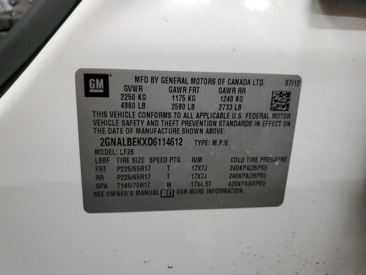 2013 Chevrolet Equinox VIN 2GNALBEKXD6114612 Copart auction photo, minor dent/scratches damage thumbnail 13
