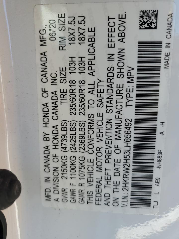 2020 Honda CR-V VIN 2HKRW2H53LH656492 Copart auction photo, all over damage thumbnail 16