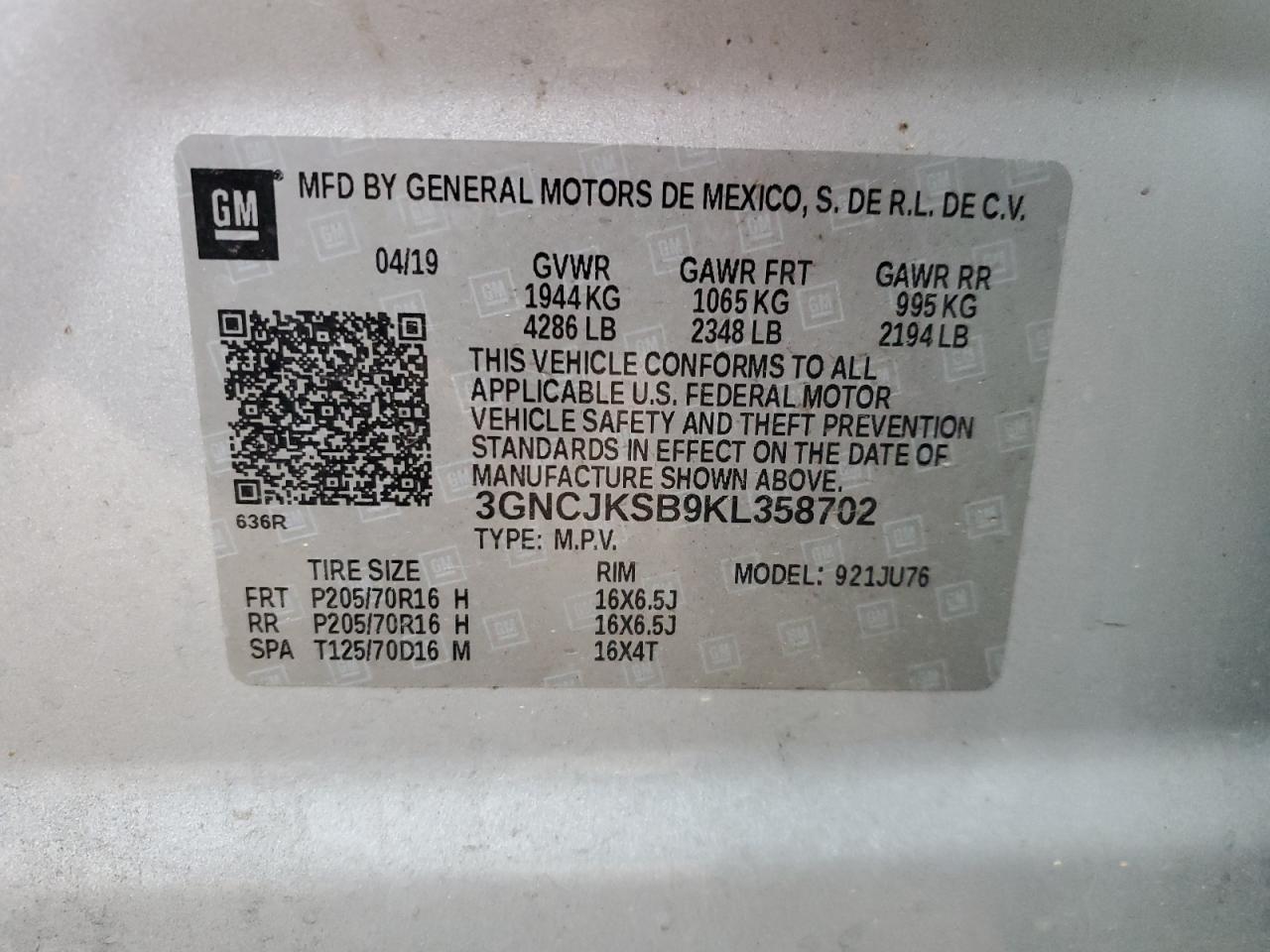 2019 Chevrolet Trax VIN 3GNCJKSB9KL358702 Copart auction photo, front end / side damage thumbnail 13