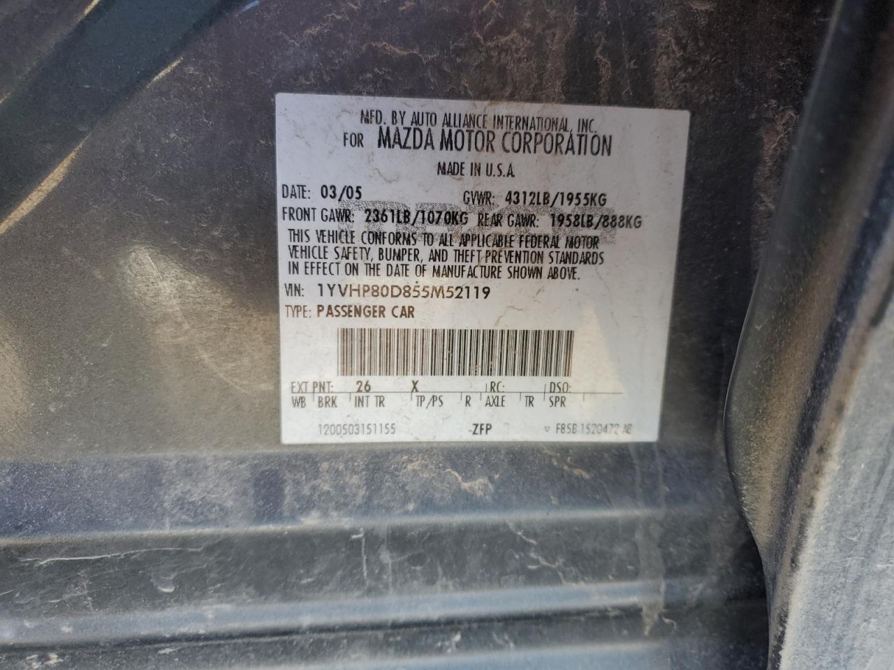 2005 Mazda 6 VIN 1YVHP80D855M52119 Copart auction photo, front end damage thumbnail 12