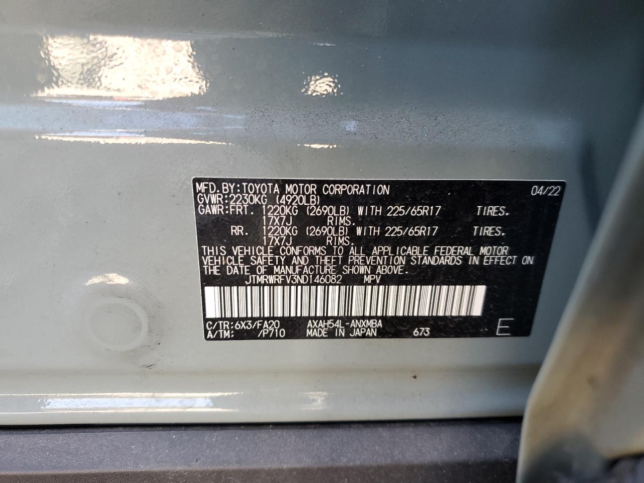 2022 Toyota RAV 4 VIN JTMRWRFV3ND146082 Copart auction photo, rear end damage thumbnail 13